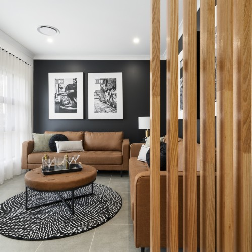 lounge room with grey wall and wooden slats